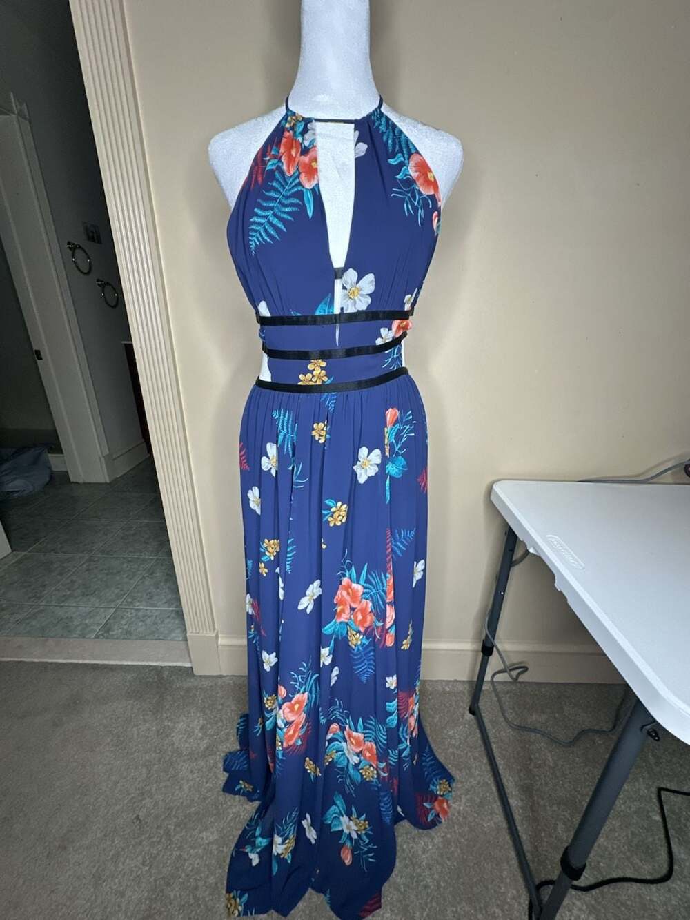 Express Halter Maxi Dress Size S Blue Floral Tropical Long